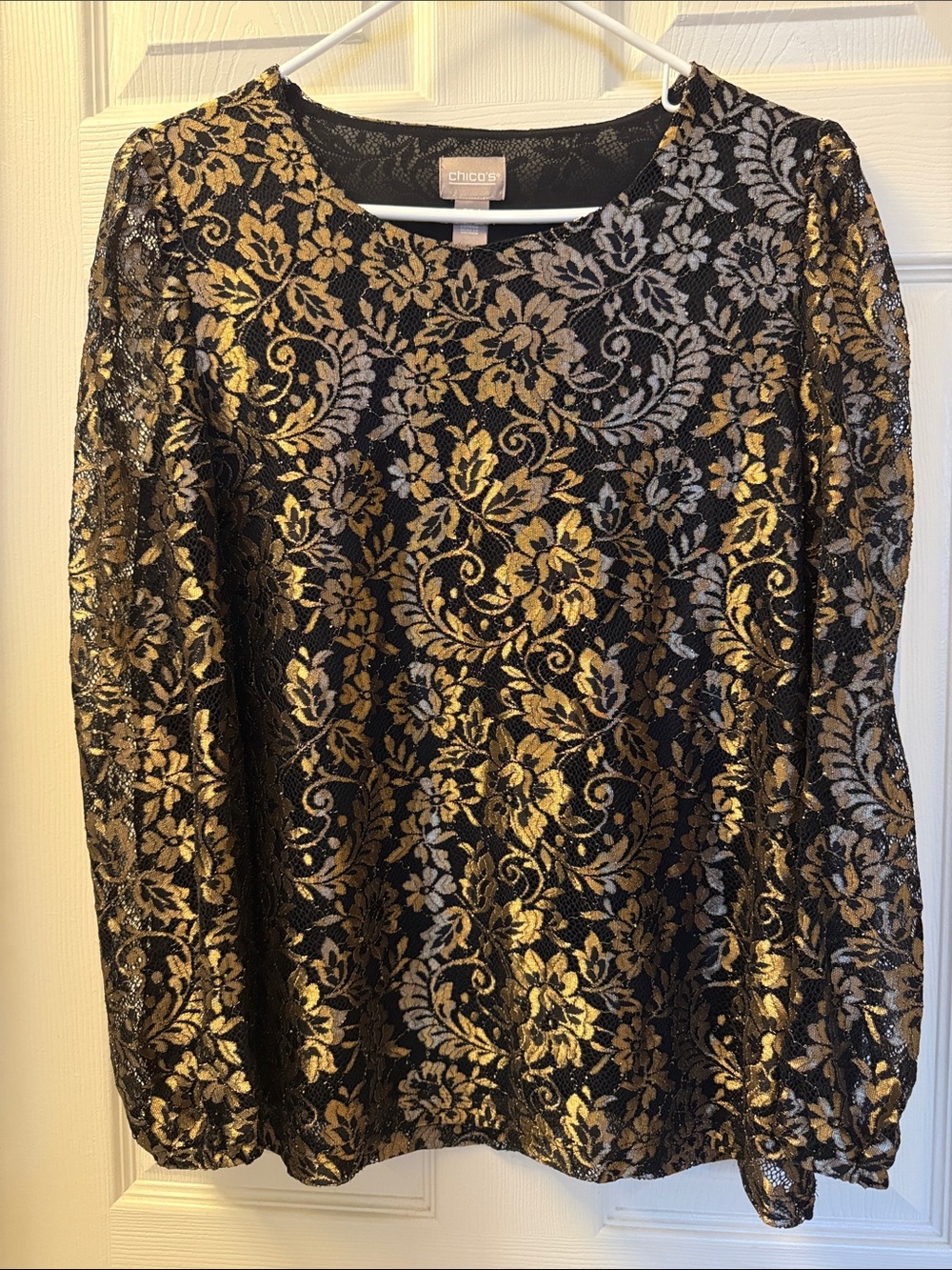 Chico's Black and Gold Floral Lace-Overlay Long Sleeve Top Size 1